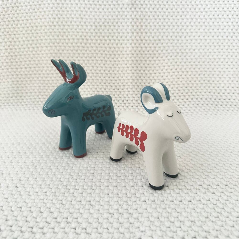 IKEA Vinterfint Set of 2 Ceramic Deer Goat White Blue Folk Figurines 2022 - Picture 1 of 6